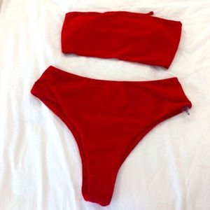 Red Bandeau Bikini Top with High Waisted Bottoms